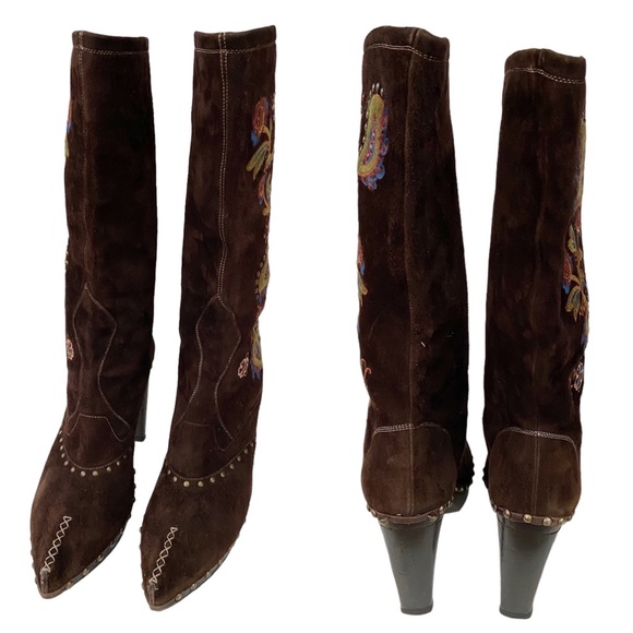 Vintage Goffredo Fantini Brown Suede Boots with Boho Floral Embroidery EU39.5 - Picture 6 of 17